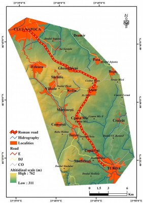 Figure 4. Digital Elevation Model with the route of the imperial Roman road from Potaissa to Napoca.